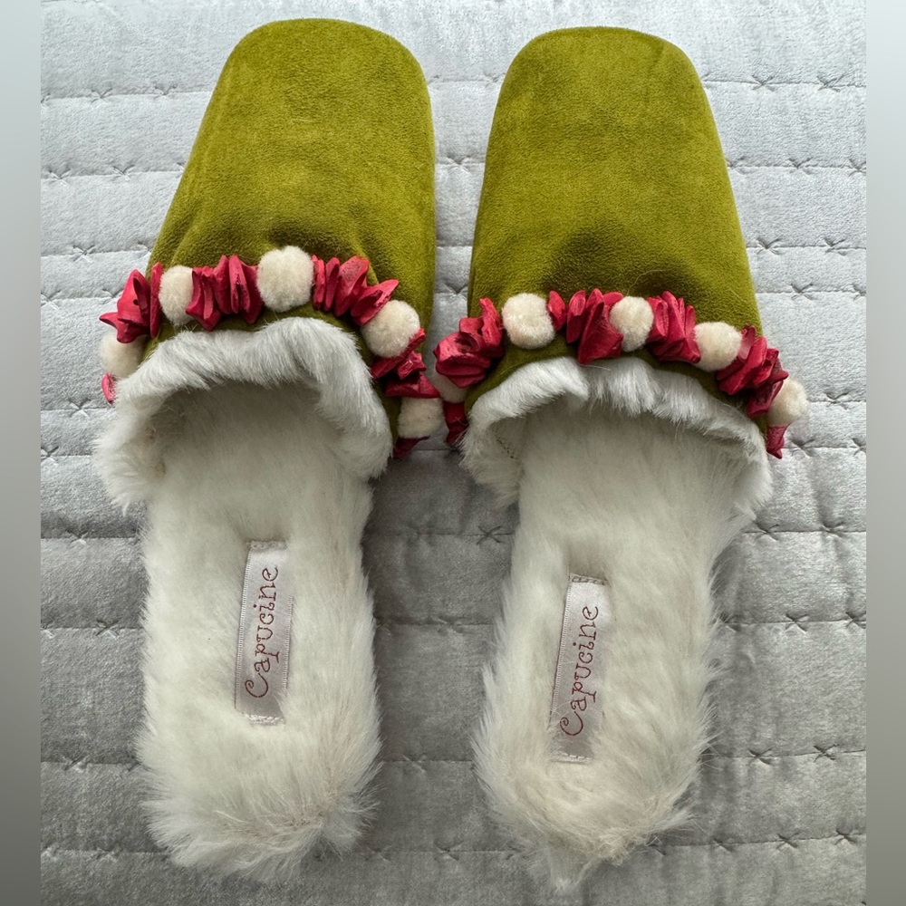 Custom made suede and faux fur slides by French designer Cappucine
